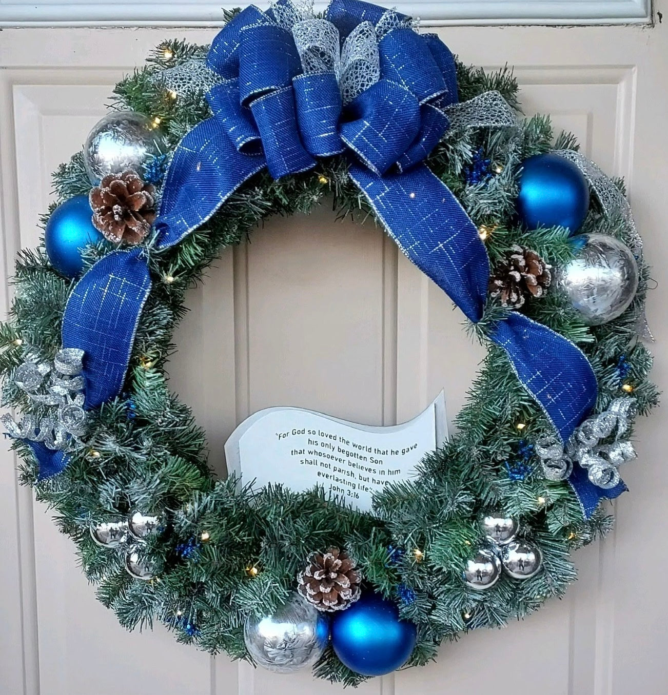 Lighted Royal Blue Artificial Christmas Wreath Infused with Bible Scripture