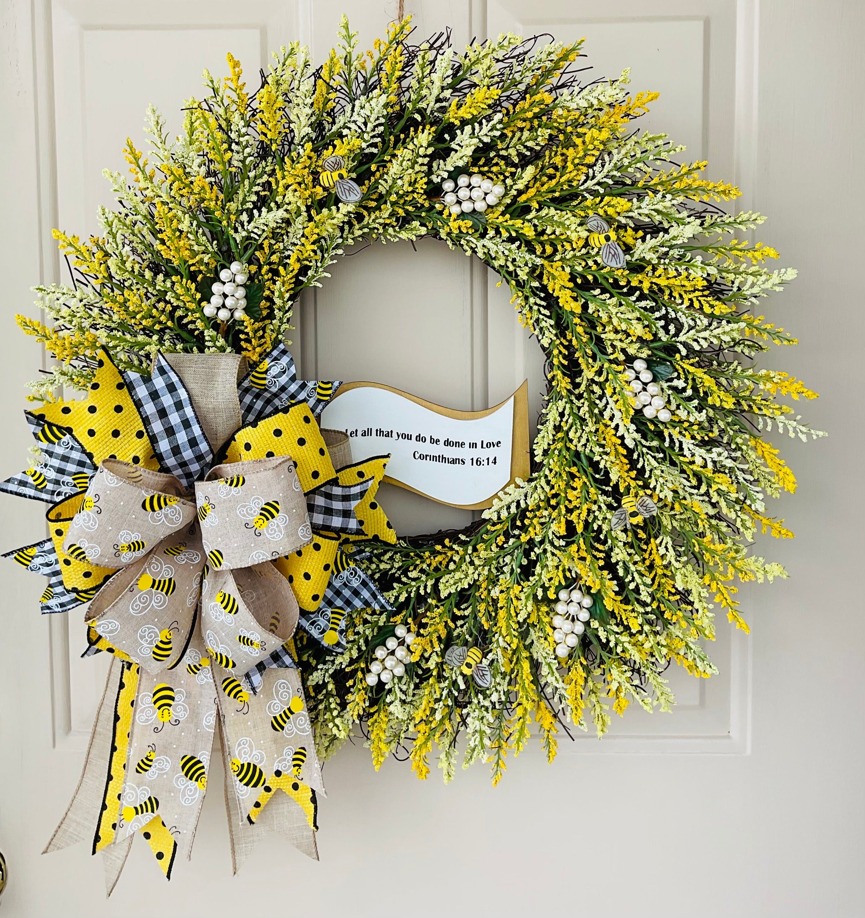 Yellow Heather Grapevine Bumblebee Wreath Infused with Bible Scripture