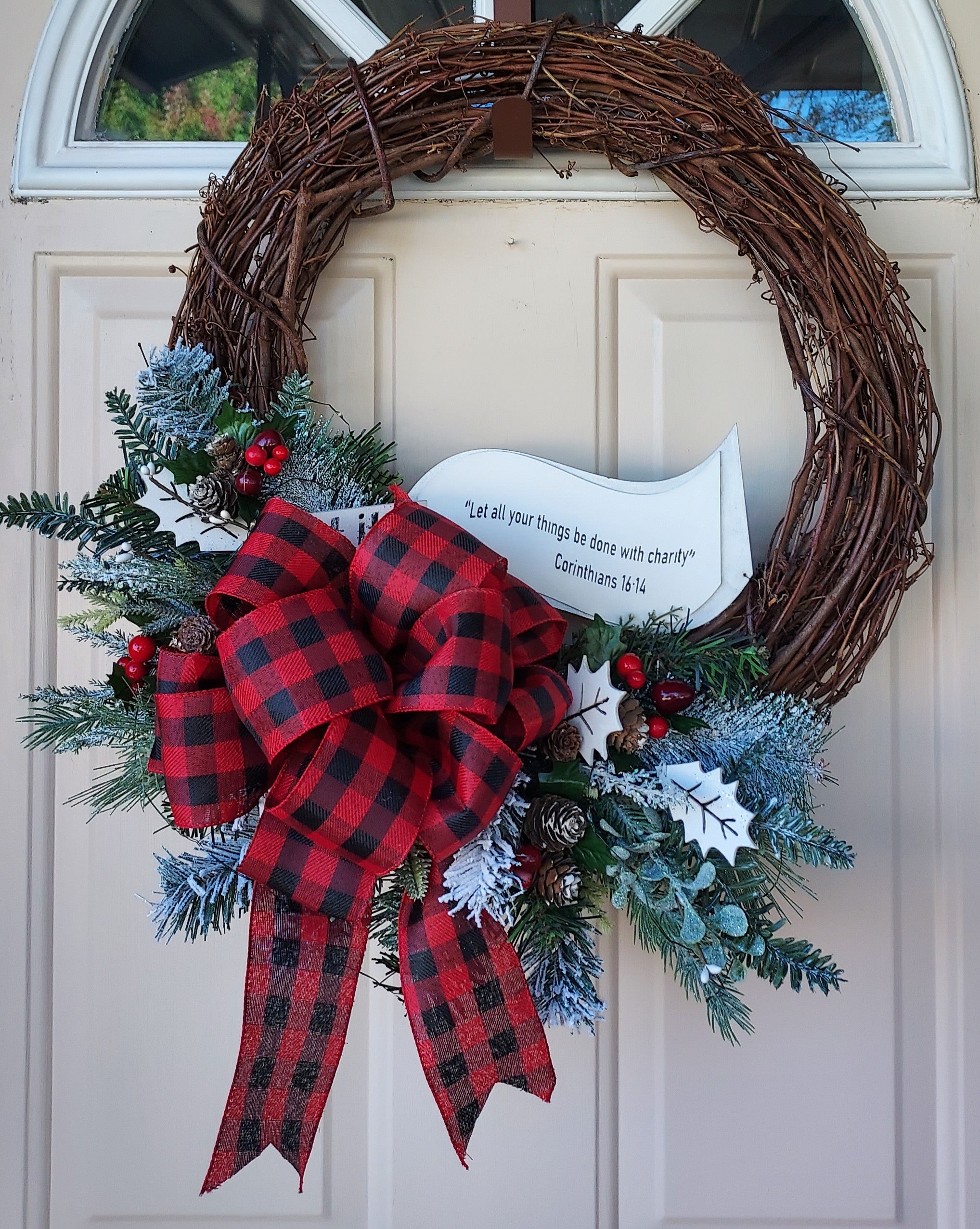 Christmas Grapevine Pine Wreath with Plaid Bow Infused with Bible Scripture