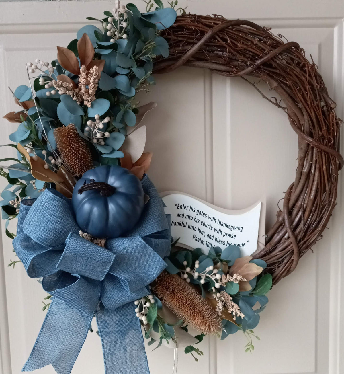 Blue and Beige Asymmetrical Fall Wreath Accented with Blue Pumpkin and Blue Bow Infused with Bible Scripture