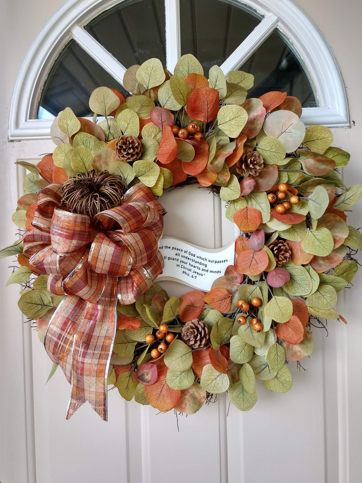 Autumn Eucalyptus & Orange Wreath with Plaid Bow and Brown Pumpkin, Infused with Bible Scripture