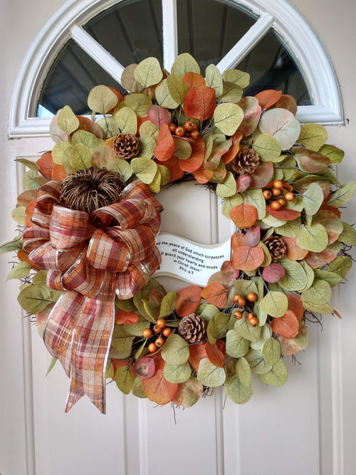 Autumn Eucalyptus & Orange Wreath with Plaid Bow and Brown Pumpkin, Infused with Bible Scripture