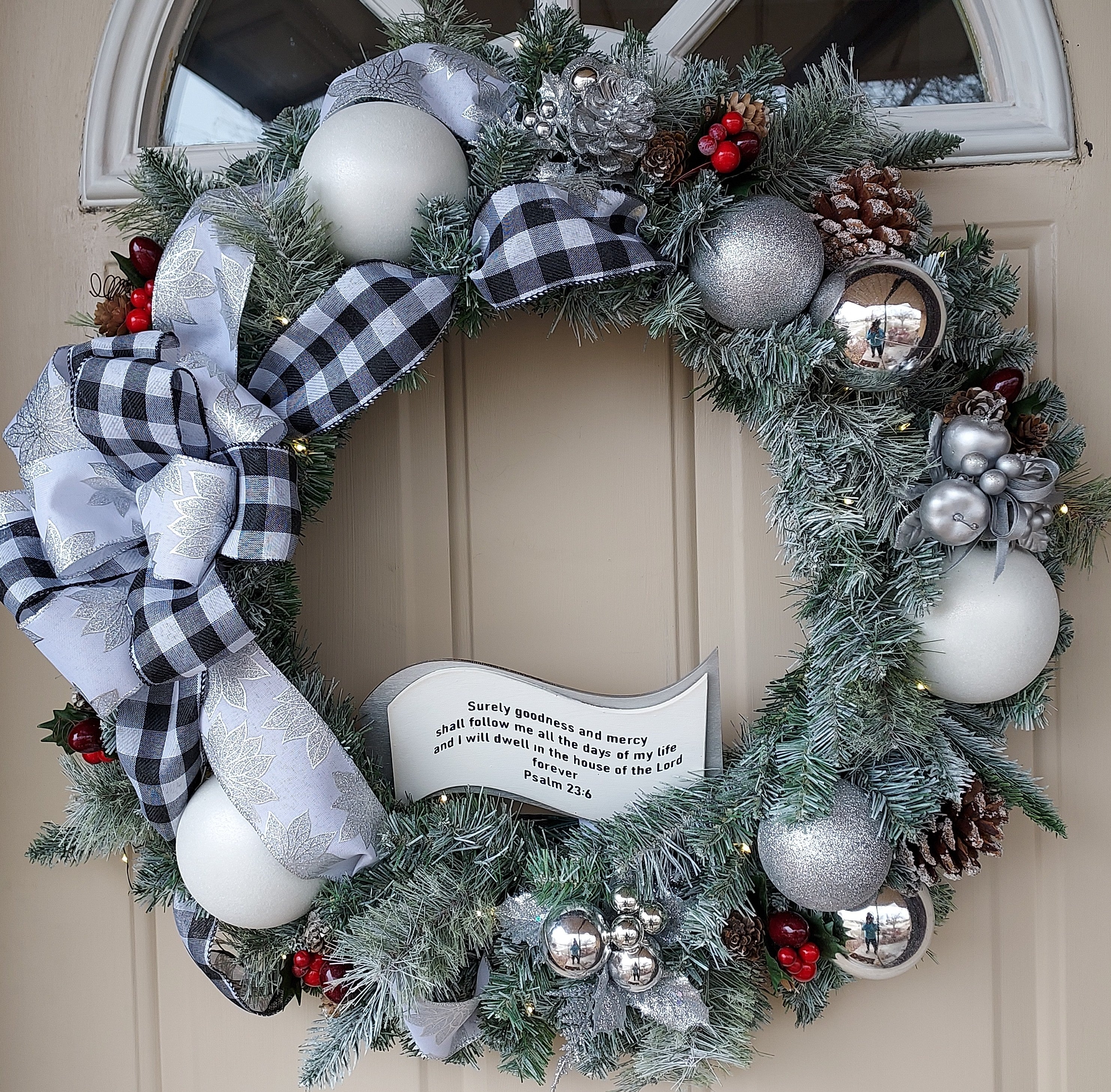 Lighted Christmas Artificial Pine Wreath with Farmhouse Black and White Plaid Bow, Infused with Bible Scripture