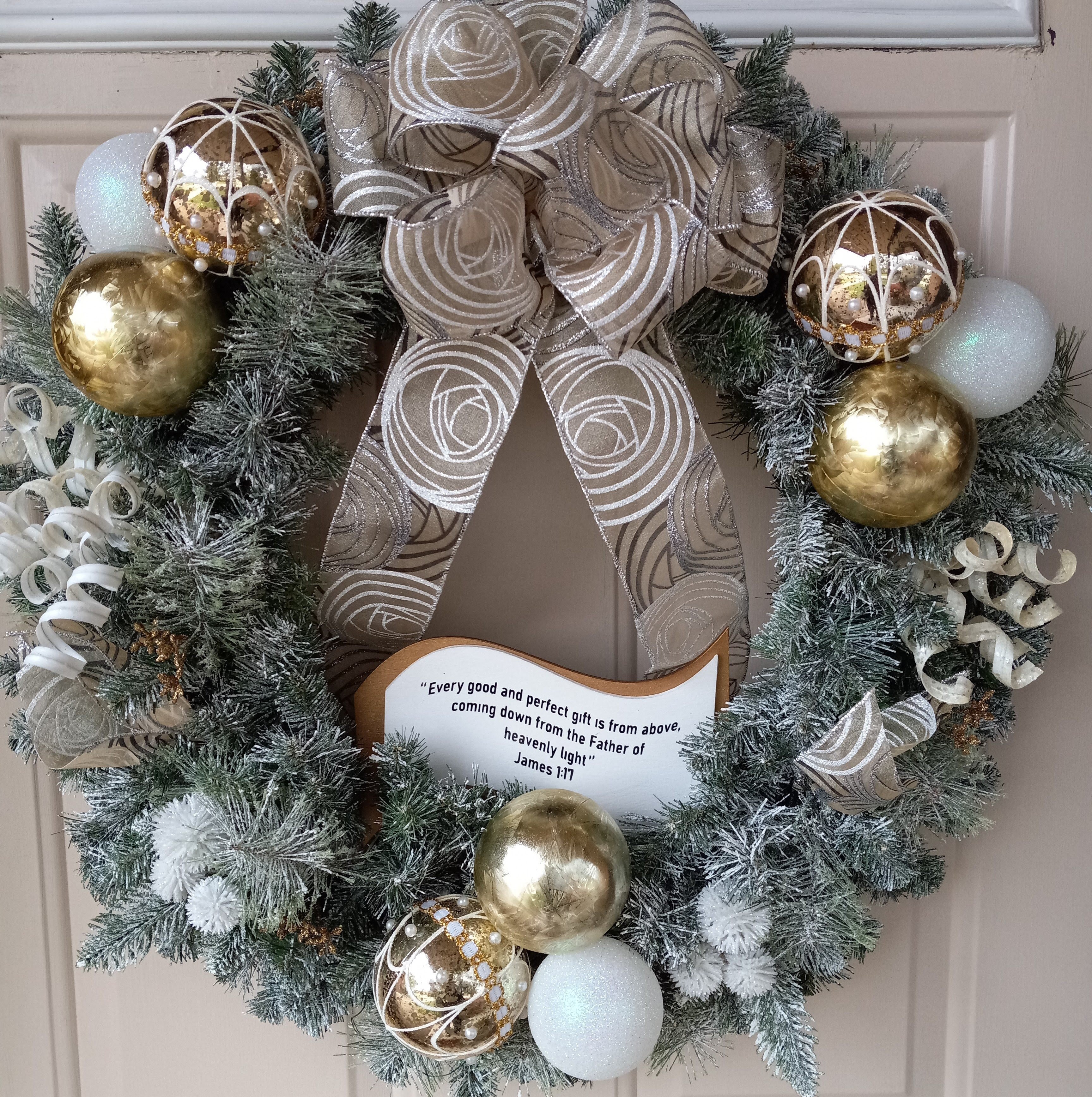 Gold and White Artificial Pine Christmas Wreath Infused with Bible Scripture