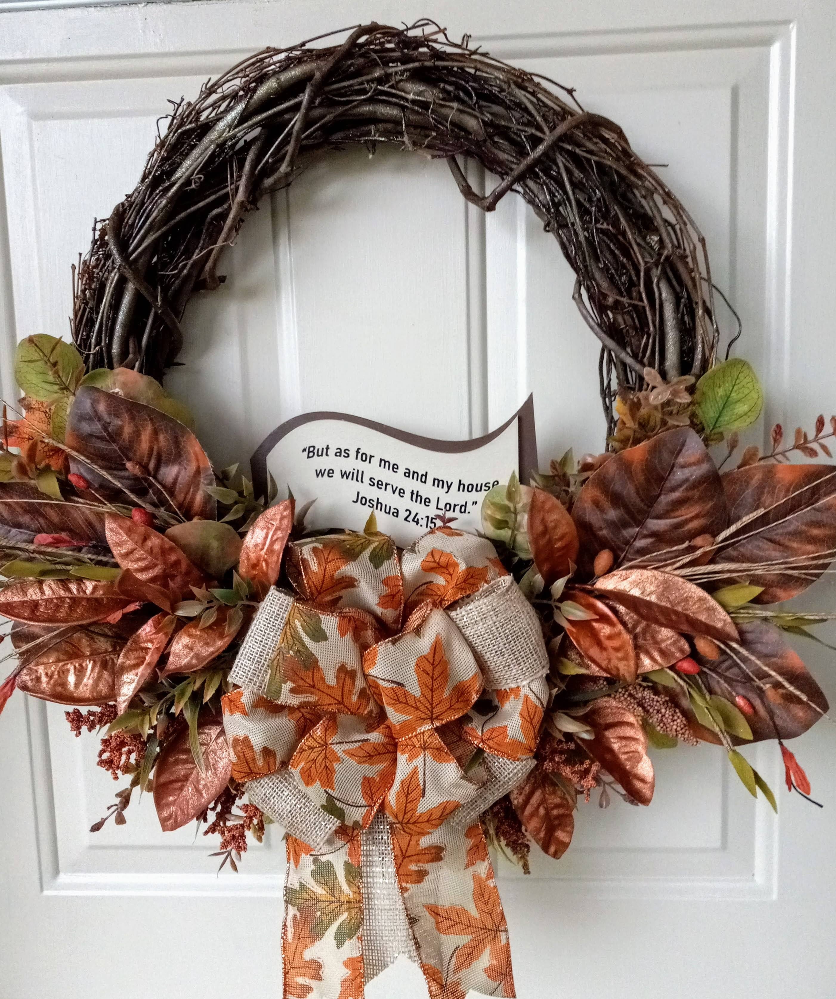 Rustic and Green Fall Wreath Accented with Green and Orange Eucalyptus Leaves, and Bow, Infused with Bible Scripture.