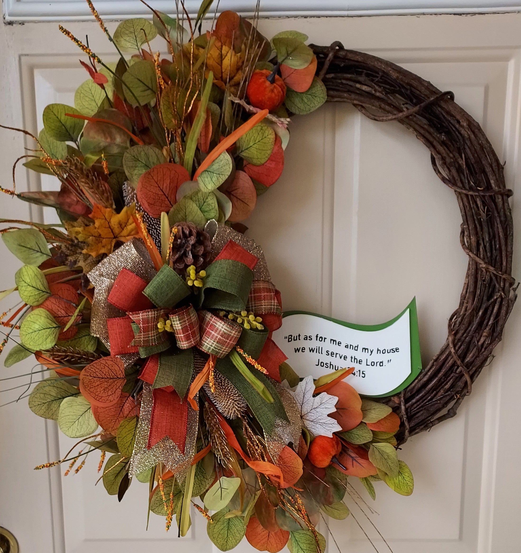 Orange and Green Eucalyptus Fall Wreath Accented with Fall Foliage and Plaid Bow Infused with Bible Scripture