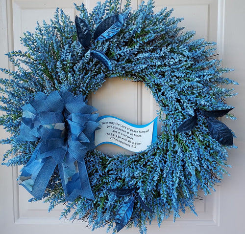 Blue Heather Wreath with Dark Blue Leaves, and Blue Bow Infused with Bible scripture.