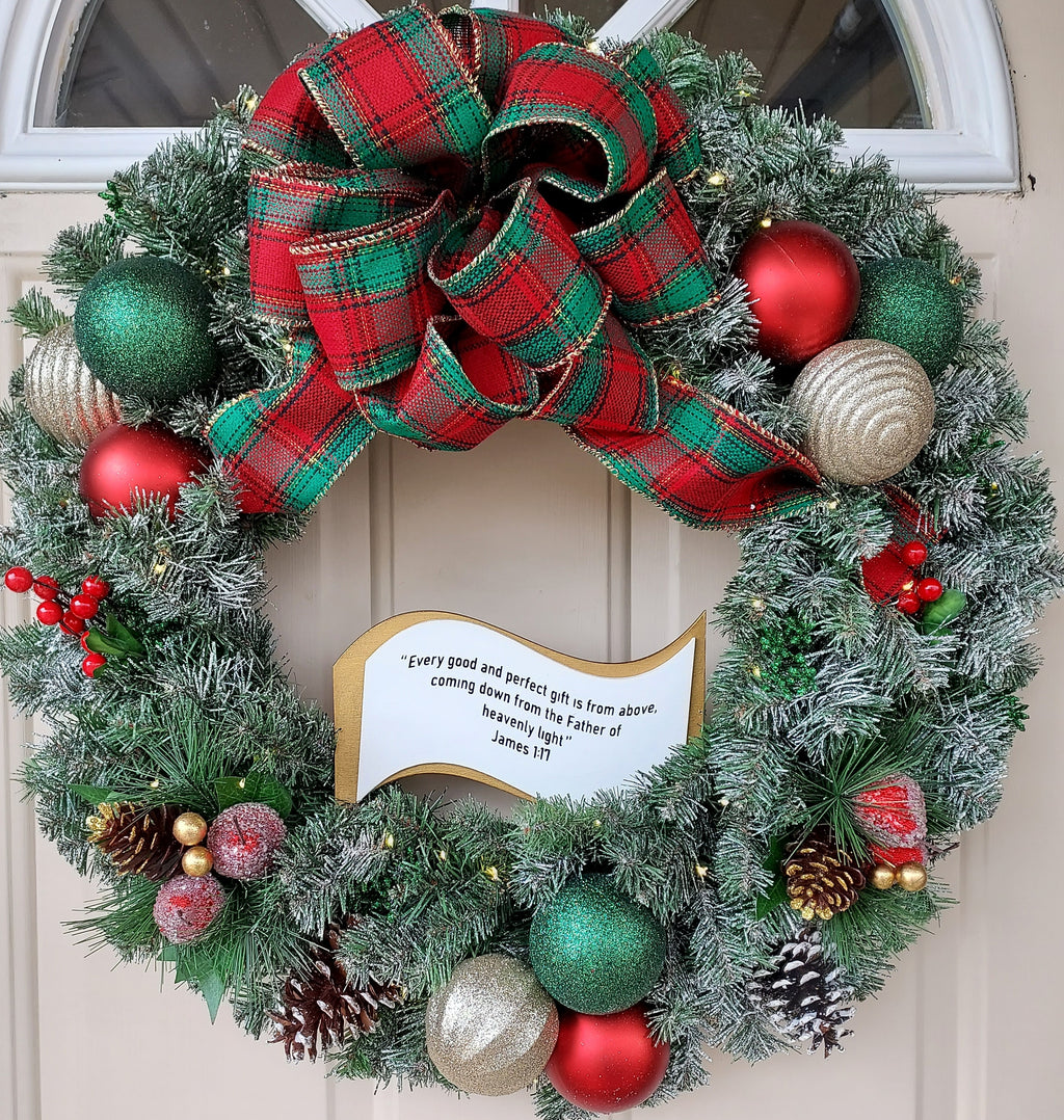 Lighted Christmas Artificial Pine Wreath with Green and Red Trimmings and Plaid Bow, Infused with Bible Scripture