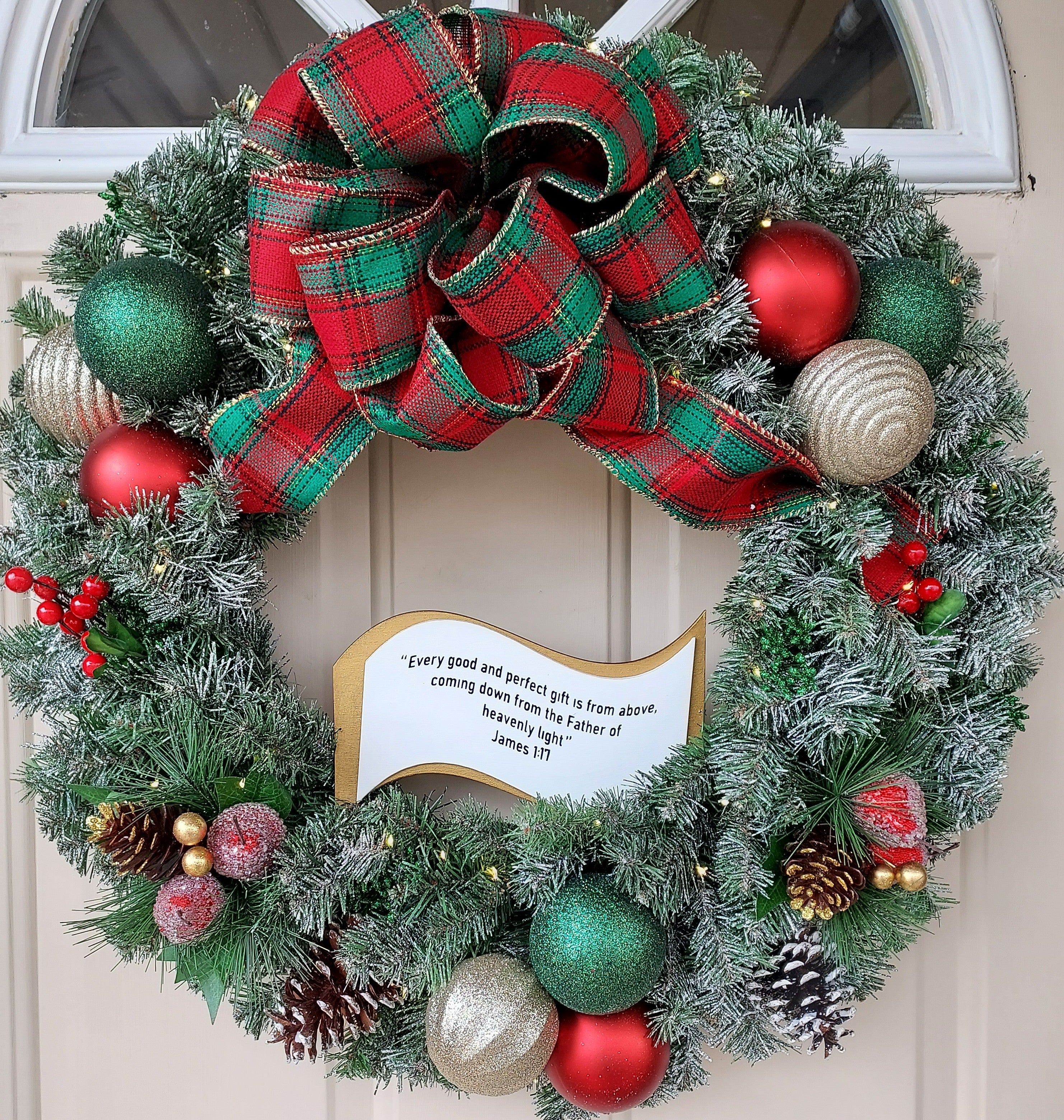Lighted Christmas Artificial Pine Wreath with Green and Red Trimmings and Plaid Bow, Infused with Bible Scripture