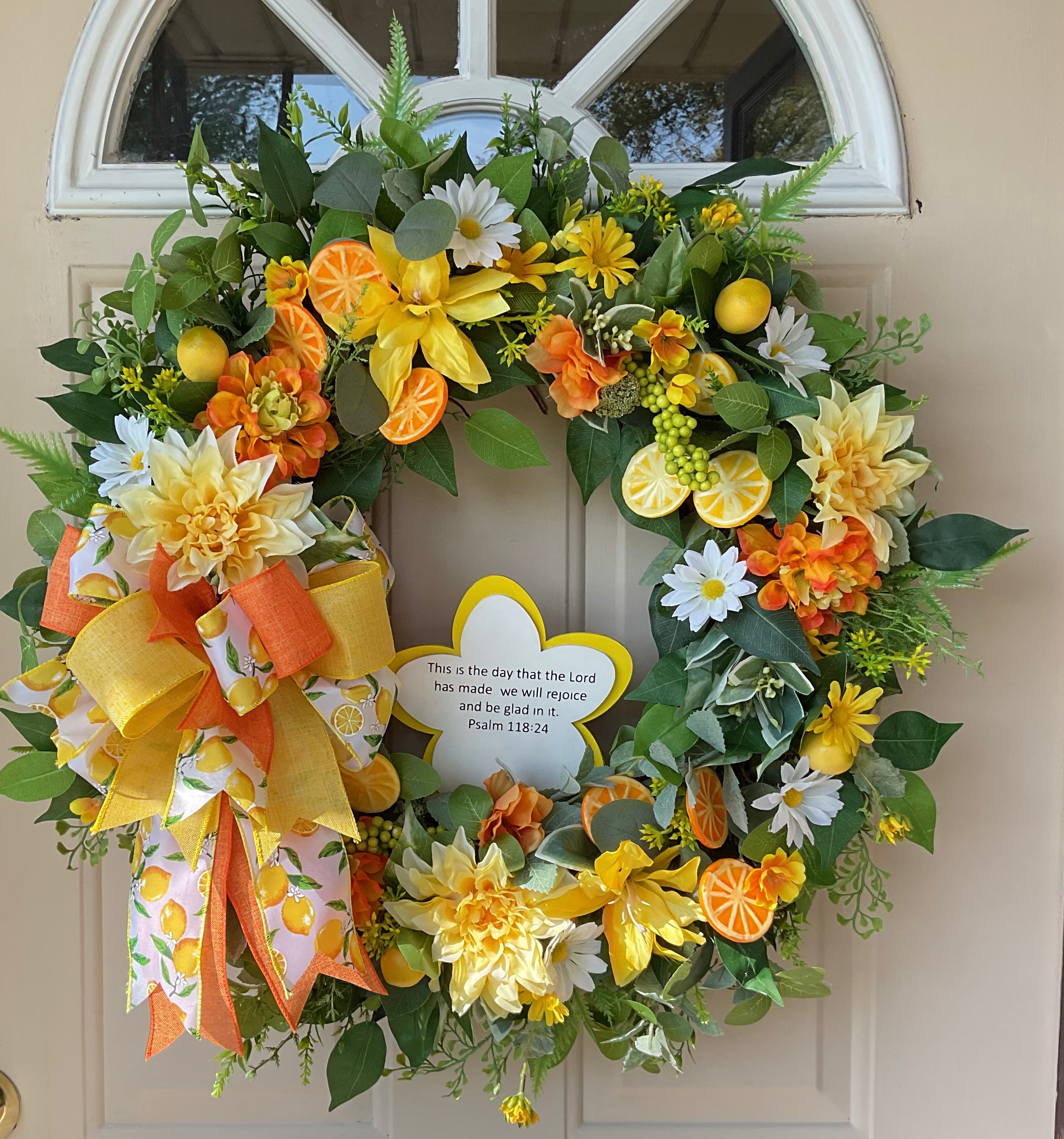 Orange and Yellow Lemon Drop Summer Wreath, Infused with Bible Scripture
