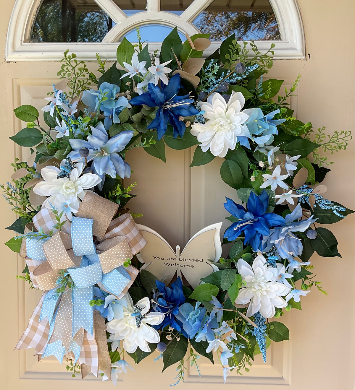 Blue and White Floral Wreath accented with Green and Beige Bow, Infused with Bible Scripture