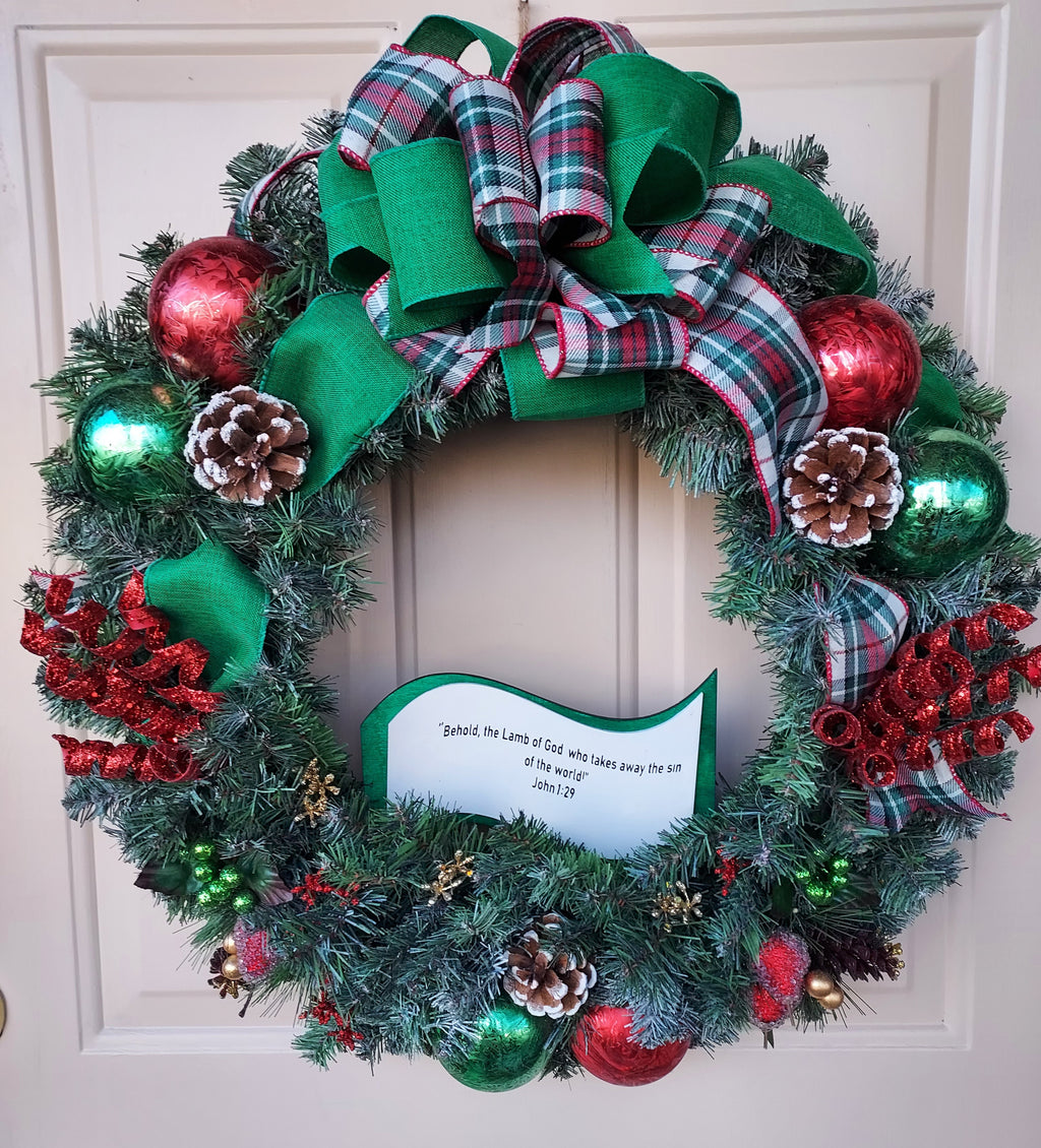Lighted Christmas Artificial Pine Wreath with Green and Red Trimmings and Plaid Bow, Infused with Bible Scripture
